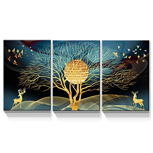 Denozer Blue and Gold Abstract Birds Canvas Wall Art