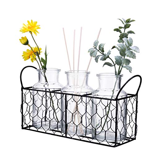 Diamond Star 3Pcs Clear Glass Milk Bottle Vases in Basket Caddy Vintage Style Jars Sets