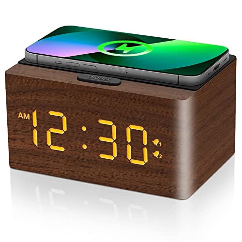 Digital Wooden Alarm Clock with Fast Wireless Charging
