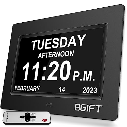 Digtal Clock with Day and Date for Seniors, Large LCD Time Display, Auto Dimmable, 12 Alarm Settings - Best Gift for Elderly