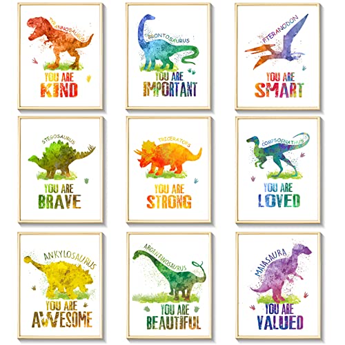 Dinosaur Wall Art Posters, Watercolor Dinosaur Wall Decor Prints, 8 x 10 inch Unframed Motivational Quote Room Decor Photo Pictures for Kids Boys Nursery Bedroom Decorations… (9 Pcs)