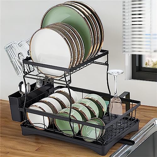 Dish Drying Rack, Dish Rack for Kitchen Counter, Over Sink Dish Drying Rack with Drain Board, 2-Tier Large Capacity Dish Drainer Organizer Shelf with Utensil Holder, Wine Glass Holder - Black
