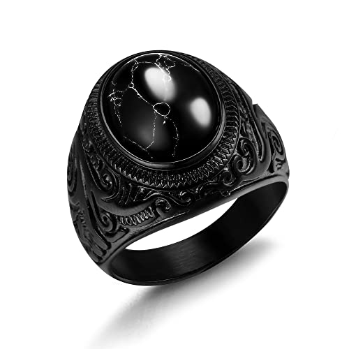 Dochais Retro Tiger Eye Stone Mens Rings, Turquoise Rings for Men Stainless Steel Ring Oval Biker Ring Vintage Ring for Men Jewelry Gift for Men Black/Silver