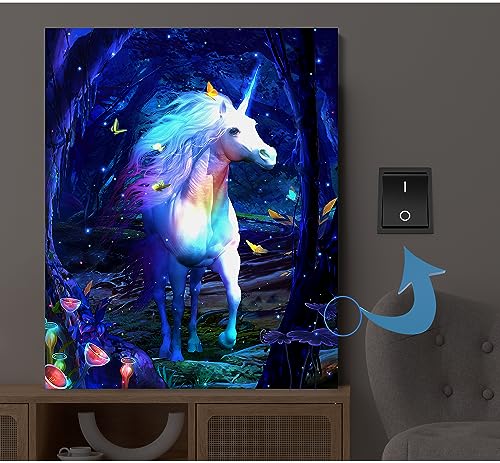 Dohwa blingco Shiny Unicorn LED Wall Art Lighted up Poster with Timer Home Decoration Room Accessories Unique Gift Bedroom Livingroom Fantasy-Themed Canvas