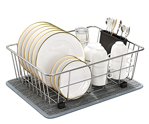DOLRIS Dish Drying Rack, Dish Drainer for Kitchen Counter, SUS304 Stainless Steel Dish Rack with Utensil Holder and Dish Drying Mat, Silver