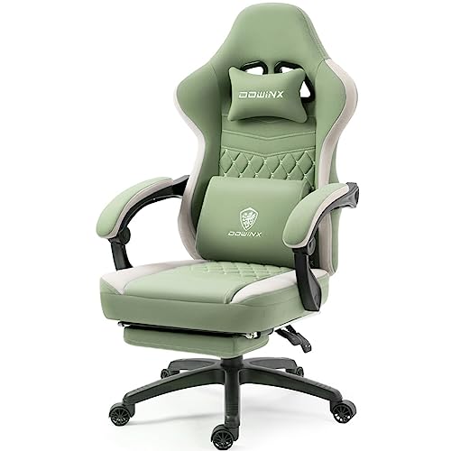 Dowinx Gaming Chair Breathable Fabic Computer Chair with Pocket Spring Cushion, Comfortable Office Chair with Gel Pad and Storage Bags,Massage Game Chair with Footrest,Green