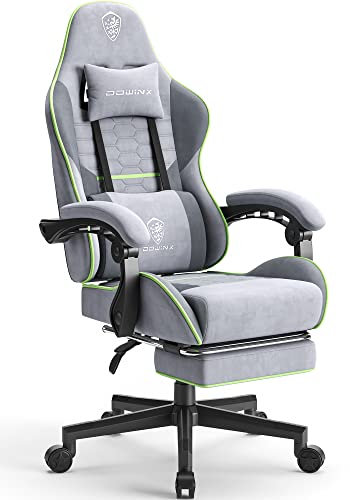 Dowinx Gaming Chair Fabric with Pocket Spring Cushion, Massage Game Chair Cloth with Headrest, Ergonomic Computer Chair with Footrest 290LBS, Light Grey