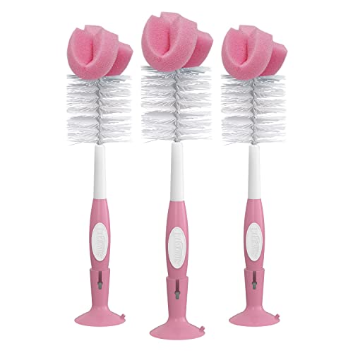 Dr. Brown's Reusable Sponge Baby Bottle Cleaning Brush Set with Suction Cup Stand, Scrubber and Nipple Cleaner, Pink, 3 Pack