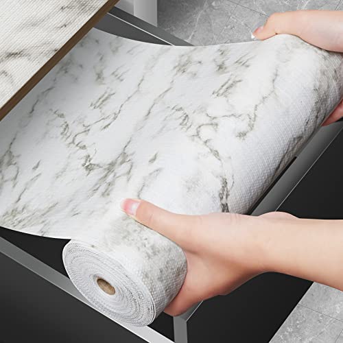 Drawer and Shelf Liner for Kitchen Cabinet: Non Adhesive Fridge Liner Washable Reusable Easy to Clean Strong Grip Liner for Cabinets, Dresser, Bathroom Cupboard Drawers, White Marble (12 in x 10 FT)
