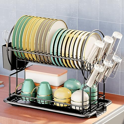 DUANFEE Dish Drying Rack - 2 Tier Small Dish Racks for Kitchen Counter, Dish Drainer with Utensil Holder, Glass Holder and Drainboard, Multifunctional Dish Dryer Rack(Black,Metal)