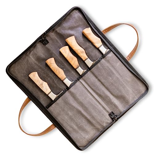 Durable Waxed Canvas Knife Bag with Zipper Pocket & 5 Slots