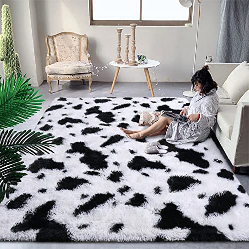 DweIke Super Soft Shaggy Rugs Carpets, 4x6 Feet, Plush Area Rugs for Living Room Bedroom, Fluffy ​Rug for Girls Kids Room, Shag Plush Rug for Teen Room Decor, Black-White