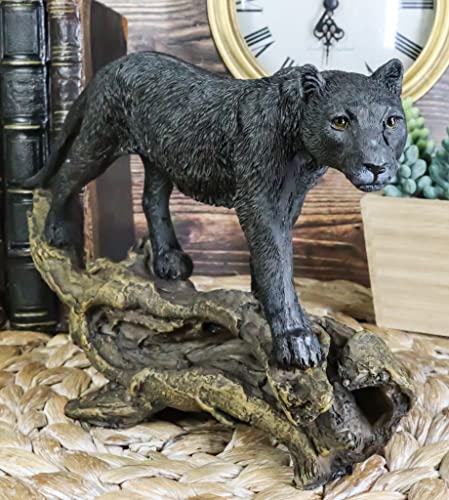 Ebros Gift Black Panther Cougar Prowling On Distressed Tree Log Figurine 8" Long Wildlife Black Jaguar Ghost Forest Hunter Sculpture Home Decorative Accent