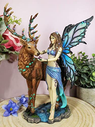 Ebros Gift Butterfly Fairy Queen with Arch Monarch Emperor Stag Figurine Enchanted Forest Faerie Avalon Stags Deers Fantasy Sculpture 10.25" Tall