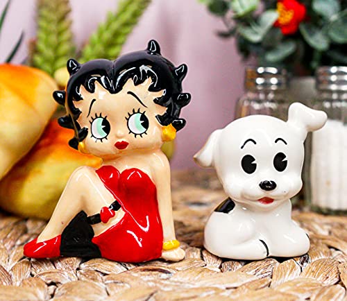 Ebros Gift Novelty Collection Betty Boop And Her Little Pal Pudgy Dog Whimsical Comical Ceramic Salt And Pepper Shakers Figurine Set All American Collectible Sculpture