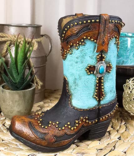 Ebros Gift Rustic Western Country Turquoise Cross Rock in Brown Faux Tooled Leather Cowgirl Cowboy Boot Decorative Flower Bouquet Vase Or Planter Figurine 7" H Southwestern Accent