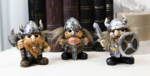 Ebros Gift Small Chibi Norse Viking Wild Berserkers Warriors with Axe Sword and Shield Statue Set of 3 Norselandic Hero Warlords Decorative Figurines