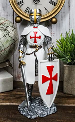 Ebros Gift White Cloak Caped Medieval Crusader Swordsman with Large Shield of The Cross Knight Figurine 8.25" H Medieval Royal Suit of Armor Knights of Templar Resin Collectible Statue