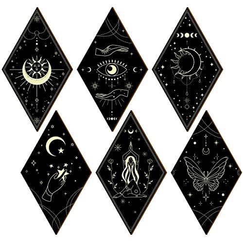 Ecmln 6 Pieces Boho Wall Decor Moon Phases Wall Art Sun Stars Moon Butterfly Boho Room Decor Wooden Gothic Wall Pediments Hanging Sign Rustic for Bedroom Living Room Farmhouse Decoration (Black)
