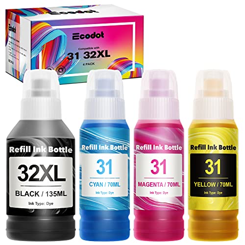 ecodot Compatible Refill Ink Bottles Kit Replacement for HP 31 32XL 32 XL for Smart Tank Plus 551 651 455 457 All-in-One Ink-Tank Printer (1 Black,1 Cyan,1 Magenta,1 Yellow, 4 Pack)