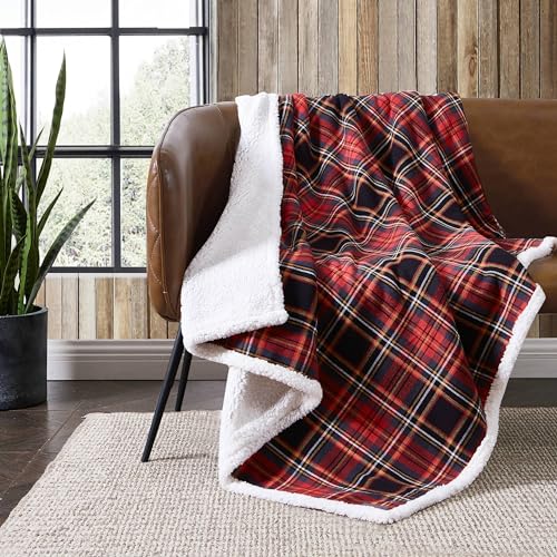 Eddie Bauer Reversible Sherpa Throw Blanket - Mountain Tartan Red