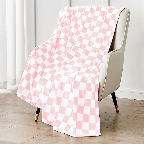 Edenleaf Pink Checkered Blanket, Ultra Soft Fleece Checkered Throw Blanket