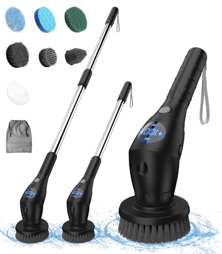 Electric Scrubber for Cleaning, 10 in 1 with Led Display & 7 Replaceable Electric Spin Scrubber Brushes, Black