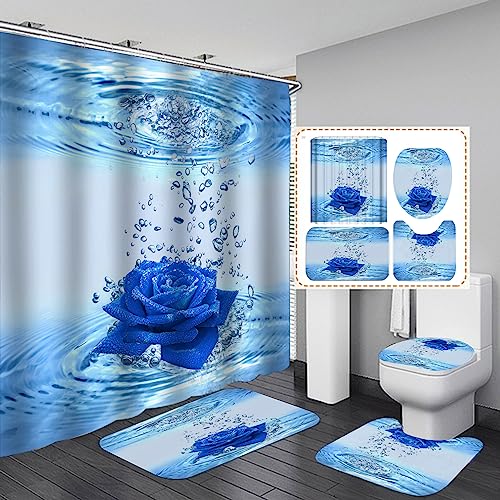 Elegant 4-Piece Shower Curtain Set with Blue Rose Design