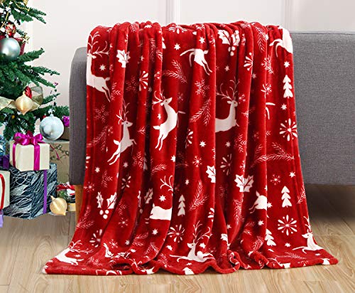 Elegant Comfort Velvet Touch Ultra Plush Christmas Holiday Printed Fleece Throw/Blanket-50 x 60inch, (Burgundy Reindeer)