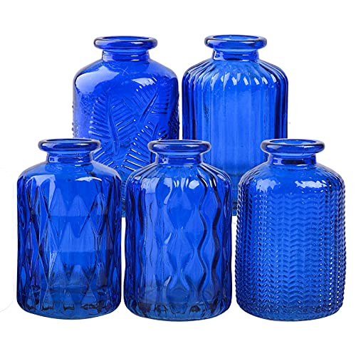 ELEGANTTIME Cobalt Blue Glass Bud Vase Small Flower Vase Mini Bottle with Cork Wire Handle Design Perfect for Deco Cafes, Office Table, Home and Garden(Set 5)