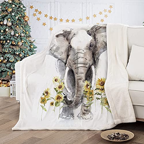 Elephant Sunflower Sherpa Fleece Throw Blanket