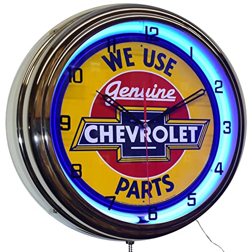 ELG Companies LLC 15" We Use Chevy Genuine Parts Sign Blue Double Neon Advertising Clock Garage Decor
