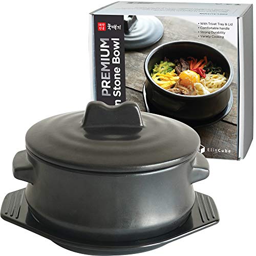ElinCube Premium Korean Stone Bowl with Lid & Platter, Clay Pot for Cooking Hot Pot Dolsot Bibimbap and Soup Cookware
