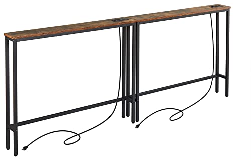 ELYKEN 2 Pack 5.9" Narrow Console Sofa Table with Power Outlets, 5.9" Dx39.4 Wx31.1 H Long Couch Table with Metal Frame and Charge Station with 6.5’ Extension Cord, Rustic Brown