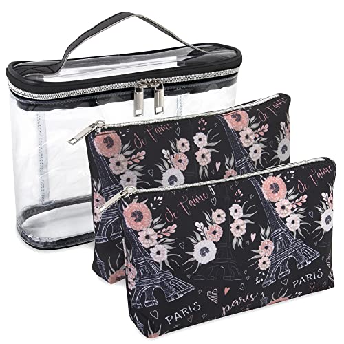 Emma & Chloe 3 Piece Toiletry Bag Set, Waterproof Home or Travel Cosmetic Train Case Makeup Bags for Women with Handle and Zipper (Paris Je T'aime)