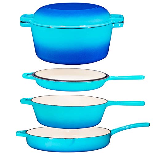 Lot45 Enameled Cast Iron Cookware Set - 7 Piece Non-Stick Ceramic Coated Cast Iron Skillet, Saucepan, and Dutch Oven Stove and Oven Safe Pan Set for