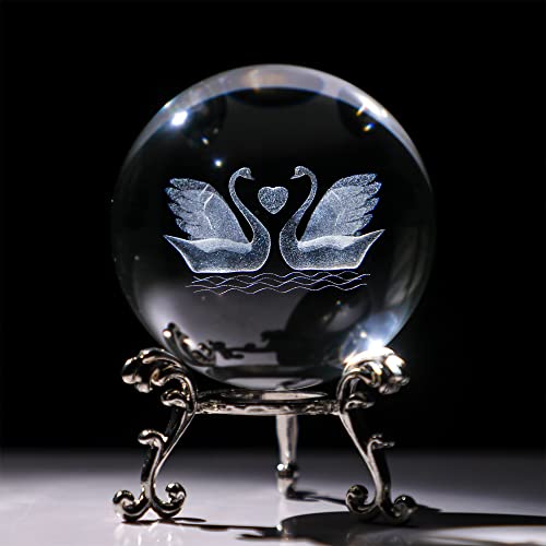 Engraved Crystal Swan Figurine with Love Heart Sphere