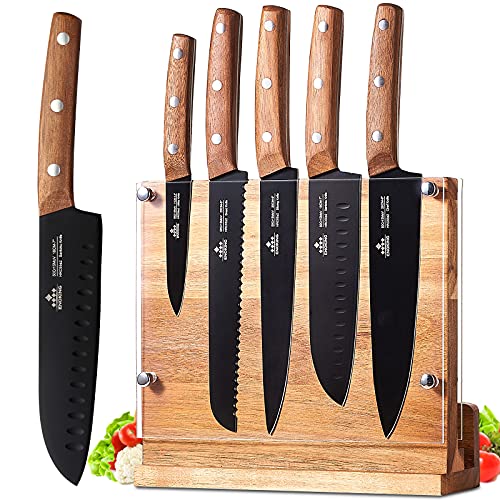 ENOKING Magnetic Knife Block with Acrylic Shield, Double Side Kitchen Knife Holder Without Knives- Acacia Wood Universal Knife Storage Organizer