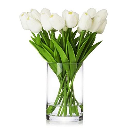 ENOVA FLORAL 20 Heads White Tulips Real Touch Artificial Flowers in Vase