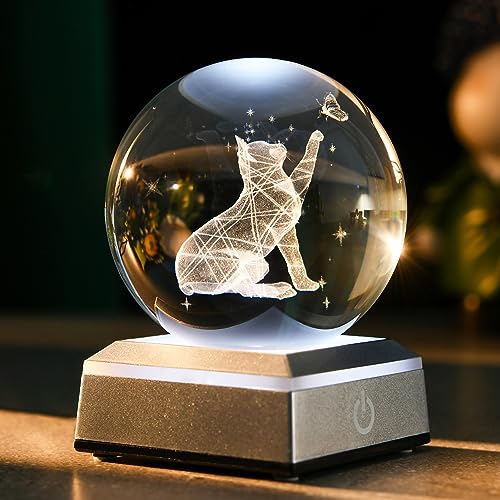 ERWEI 3D Cat Crystal Ball with LED Light Base