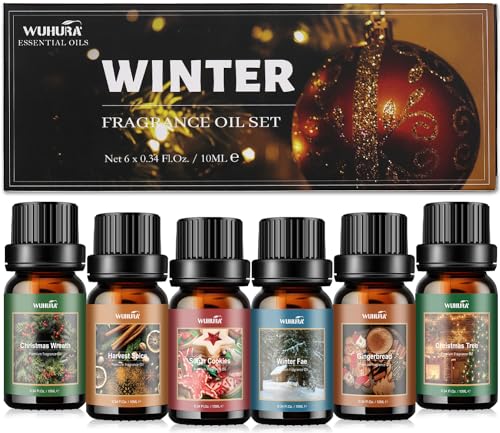 Essential Oils Set, Winter Scents Fragrance Oil Essential Oils for Diffuser Aromatherapy Oils - Gingerbread, Sugar Cookies, Harvest Spice, WinterFae, Christmas Tree, Christmas Wreath, 6x10ml