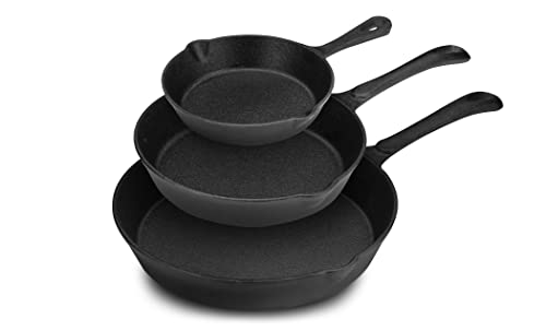 Eternal Living Cast Iron 3 Piece Skillet Set, Nonstick Pre-Seasoned Chemical Free & Heavy Duty for Use on Stove Top, Oven or Grill 6" 8” & 10”, Black