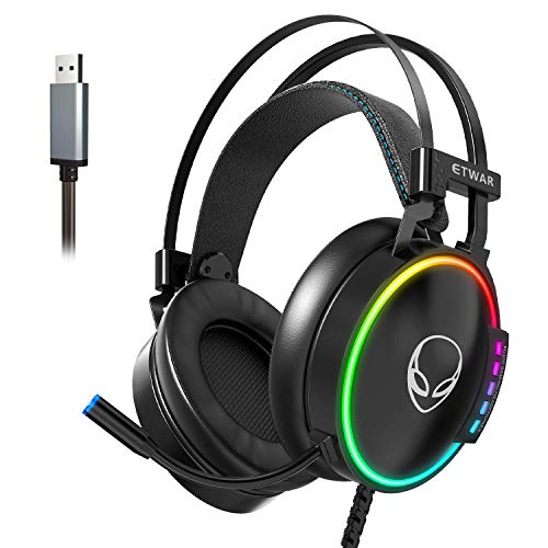 ETWAR USB Gaming Headset with Mic - Wired Headphones for PC, PS4, PS5