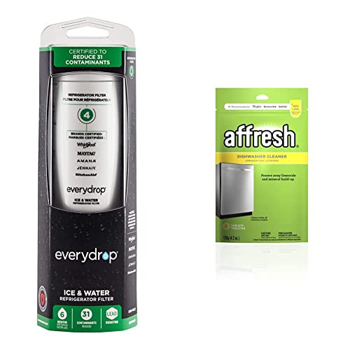everydrop by Whirlpool Ice and Water Refrigerator Filter 4, EDR4RXD1, Single-Pack & Affresh Dishwasher Cleaner, Helps Remove Limescale and Odor-Causing Residue, 6 Tablets