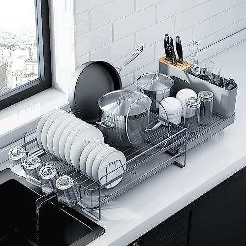 Extendable Dish Drying Rack with Cutlery & Cup Holders