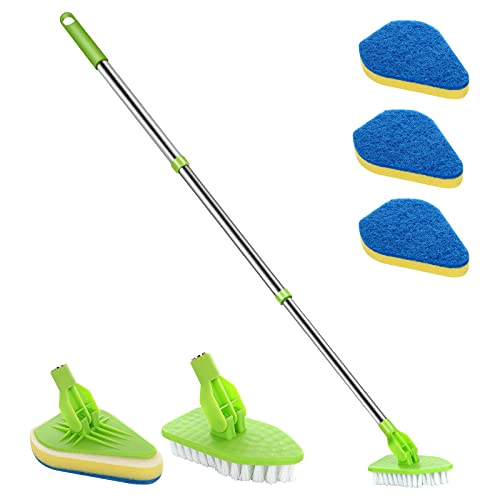 Extendable Floor Scrubber with Stiff Bristles & Sponge Brush
