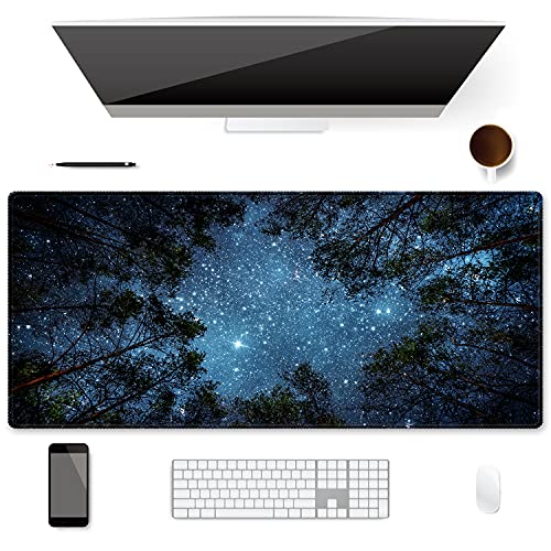 Extended Gaming Mouse Pad (35.4x15.7 inch 3mm Thick), iDonzon Soft Cute Extra Large XXL Waterproof Desk Mouse Keyboard Mat with Non-Slip Rubber Base & Stitched Edges, for Working/Game, Forest Starry