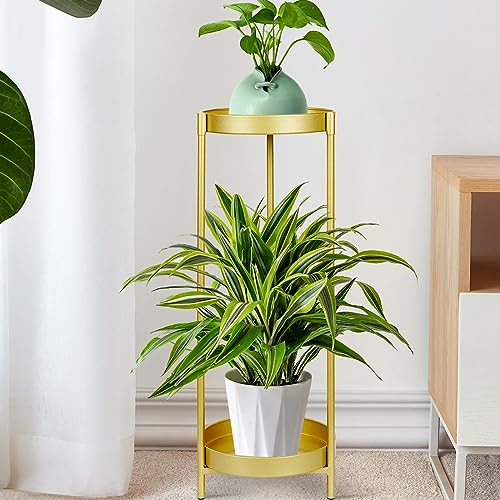 Extra High 31.5" Plant Stand Indoor Tall,Extra Wide 10" 2 Tiers Plant Stand Outdoor, Heavy Duty Metal Tall Plant Stands Indoor,Outdoor Plant Stands Rustproof Rack for Home Garden Office -Gold