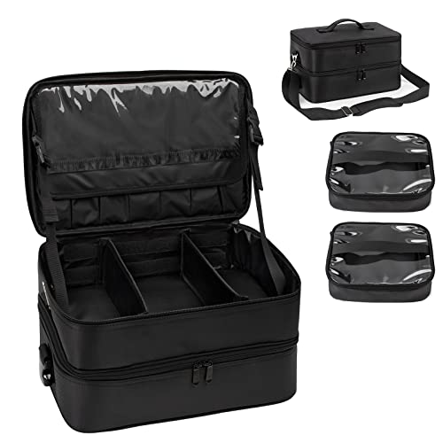 Extra Large Makeup Case, Professional Makeup Artist Traveling Bag, Double Layer XL Makeup Travel Case Organizer for Artist Nail Technician Hairstylist Crafters with 2 Detachable Pouch & Shoulder Strap