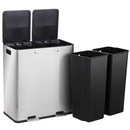 F2C 16 Gallon(60L) Dual Trash Can,Stainless Steel Step-on Kitchen Garbage Can with Lids, Foot Pedals and Inner Buckets,Rectangular Dual Compartment Recycling Bins for Kitchen Office Home Use,Silver